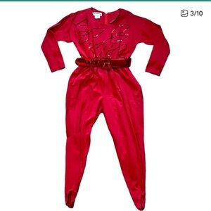Vintage 80s Red Jumpsuit Joan Walters Sequins Metallic Belt Mobwife Size Medium